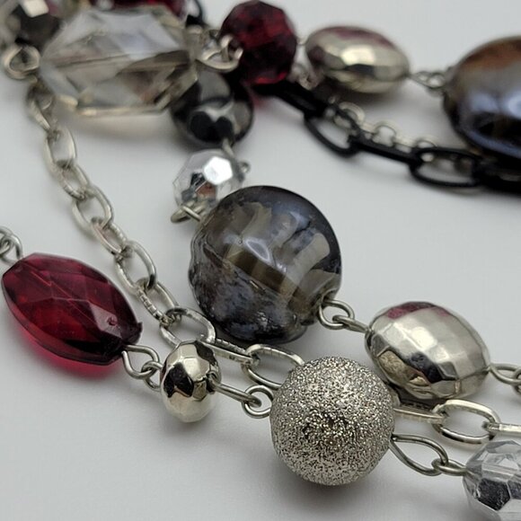 BOCAR Multi Chain Glass Bead Statement Necklace 26" Silver Tone & Red  Layered - Picture 4 of 11